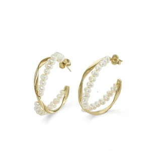 Pendientes Perlas | Pendientes Aro | LINEARGENT Pendientes aro originales diseño banda de perlas y baño de oro