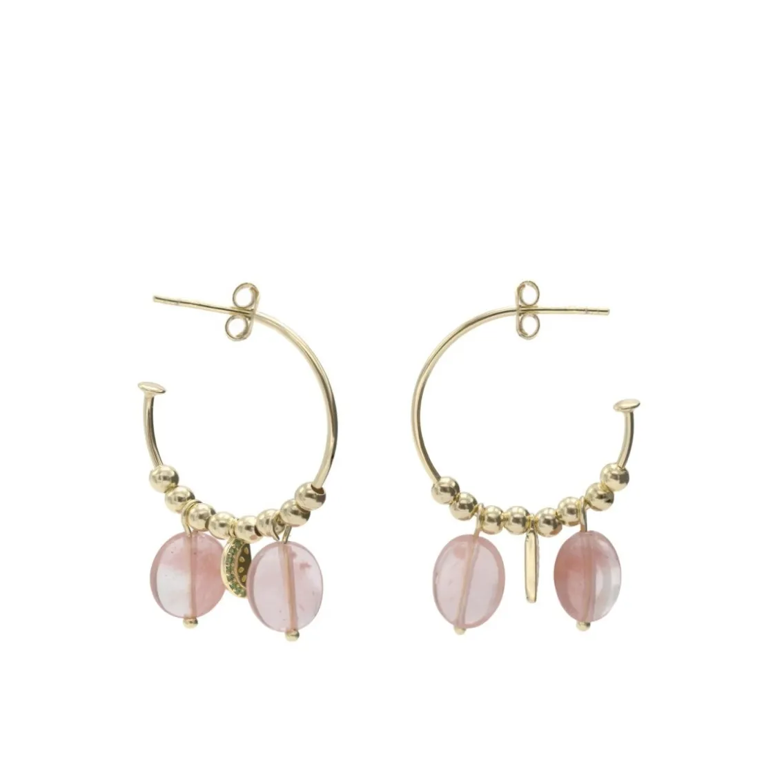 Pendientes Con Colgantes | Pendientes Aro | LINEARGENT Pendientes aros con colgantes charms de sandía y cuarzo rosa