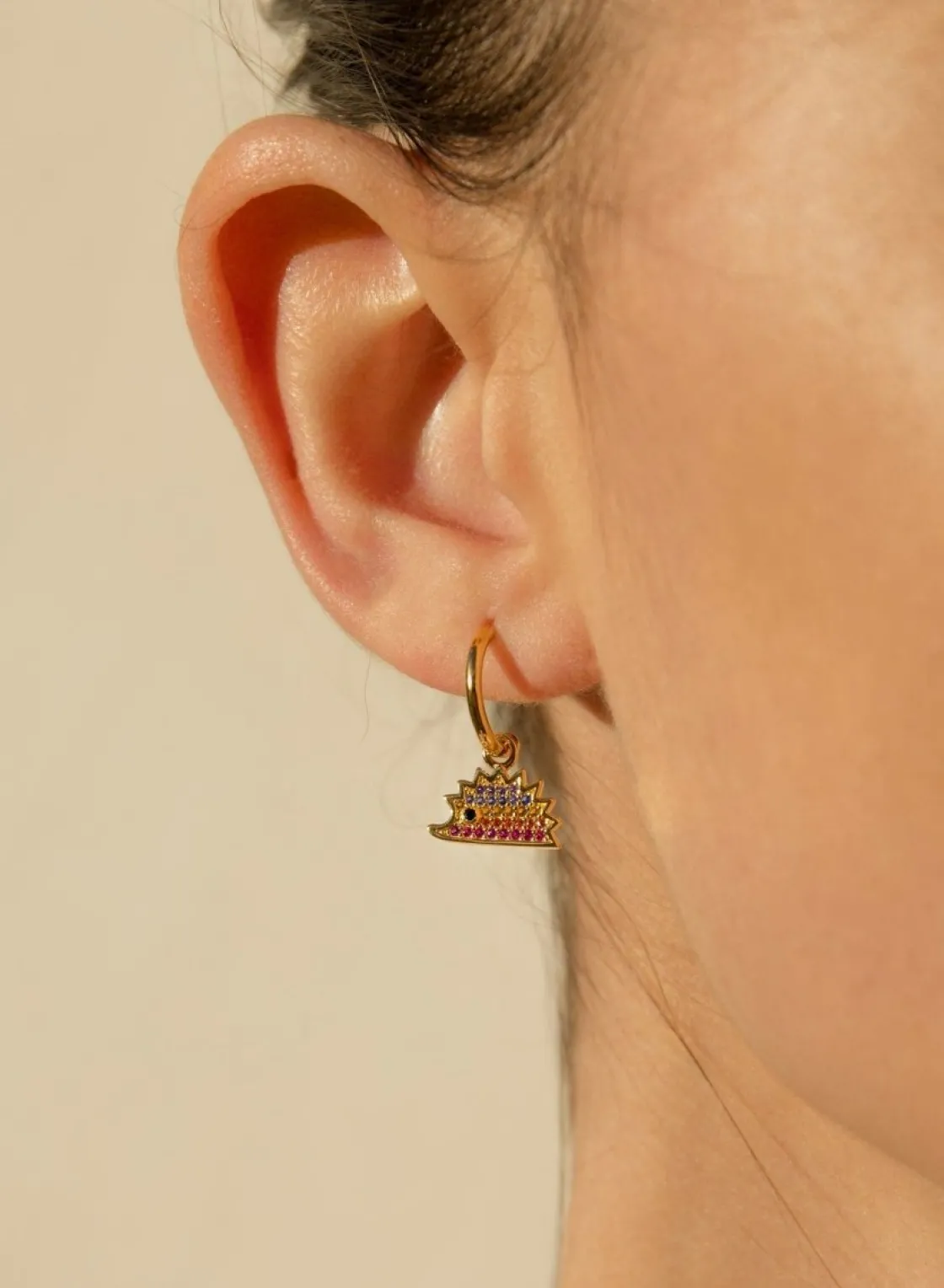 Pendientes Con Colgantes | Pendientes Aro | LINEARGENT Pendientes aros con colgantes con charm de arco iris y erizo