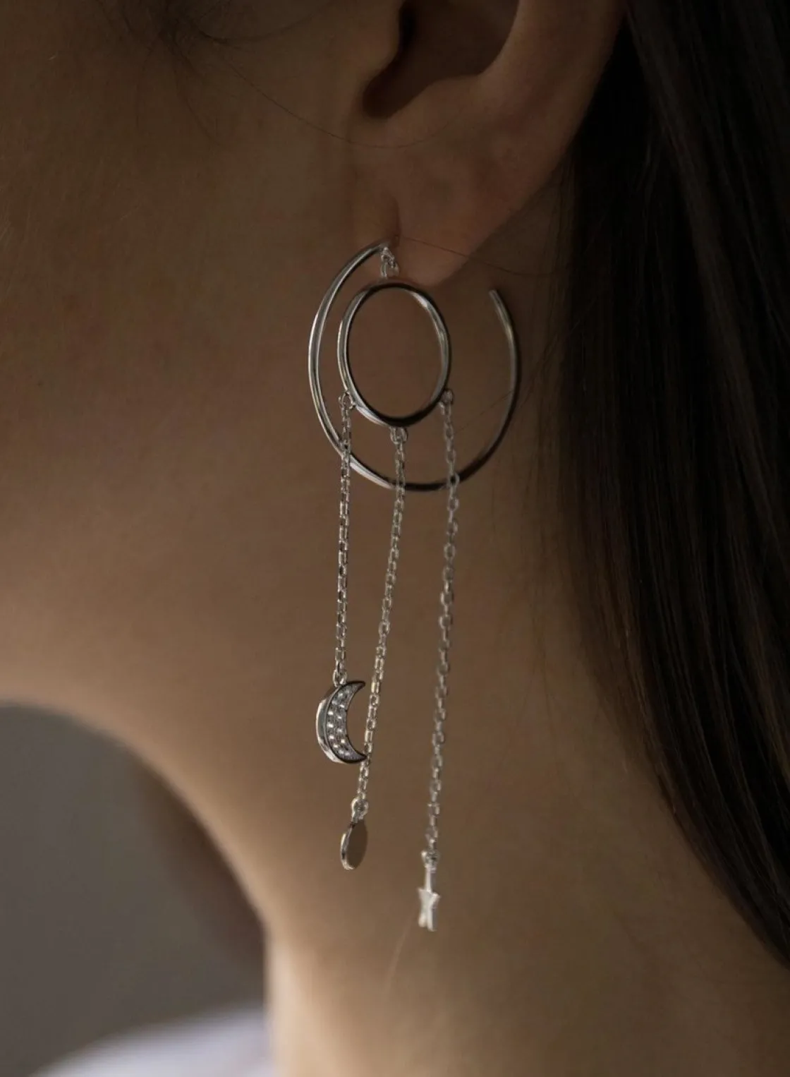 Pendientes Largos | Pendientes Aro | LINEARGENT Pendientes aros con colgantes triple motivo diseño estelar