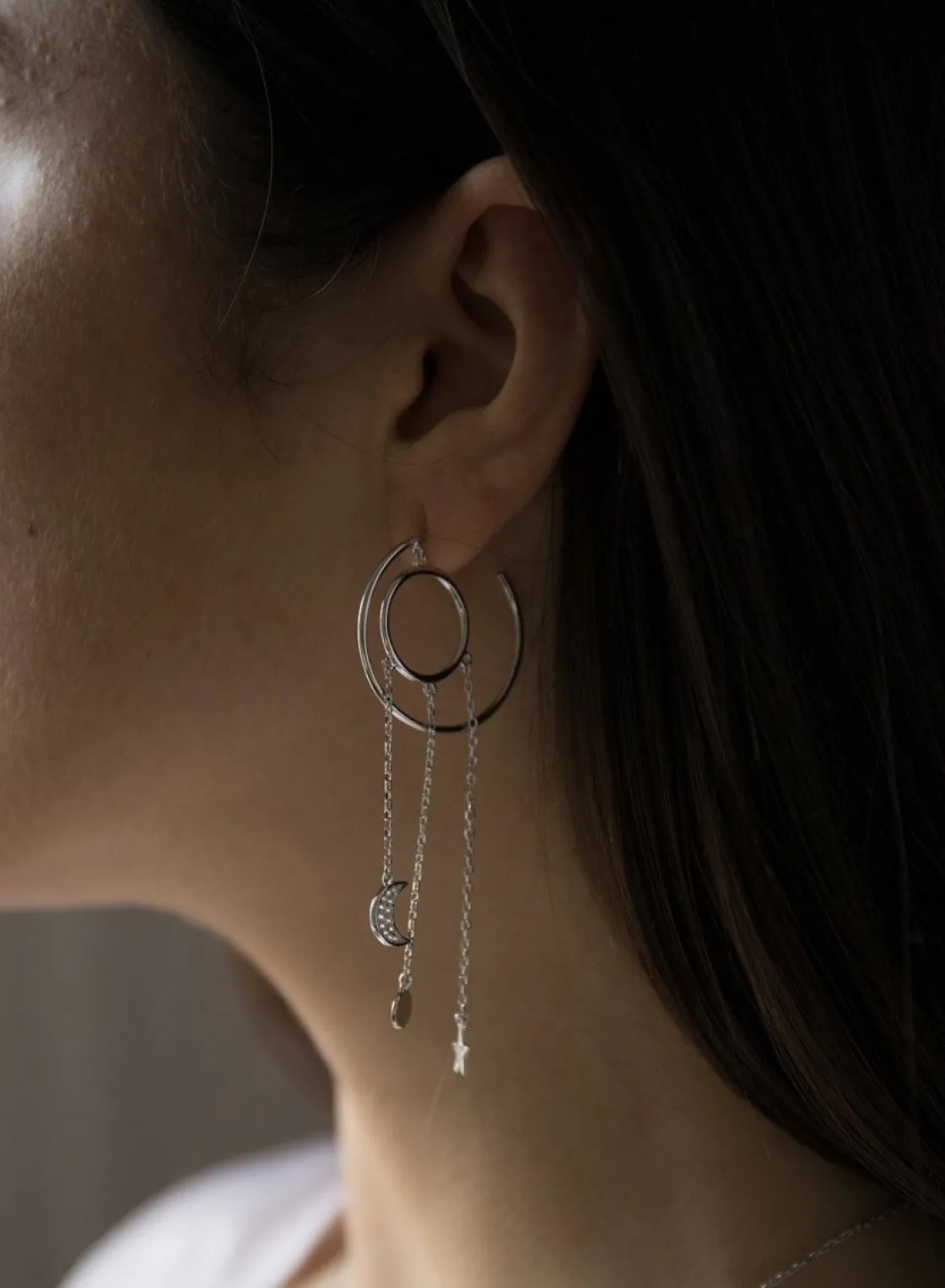 Pendientes Largos | Pendientes Aro | LINEARGENT Pendientes aros con colgantes triple motivo diseño estelar