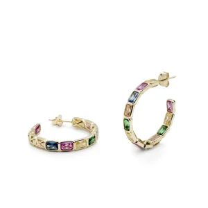 Pendientes De Piedras De Colores | Pendientes Aro | LINEARGENT Pendientes aros con gemas multicolor talla esmeralda