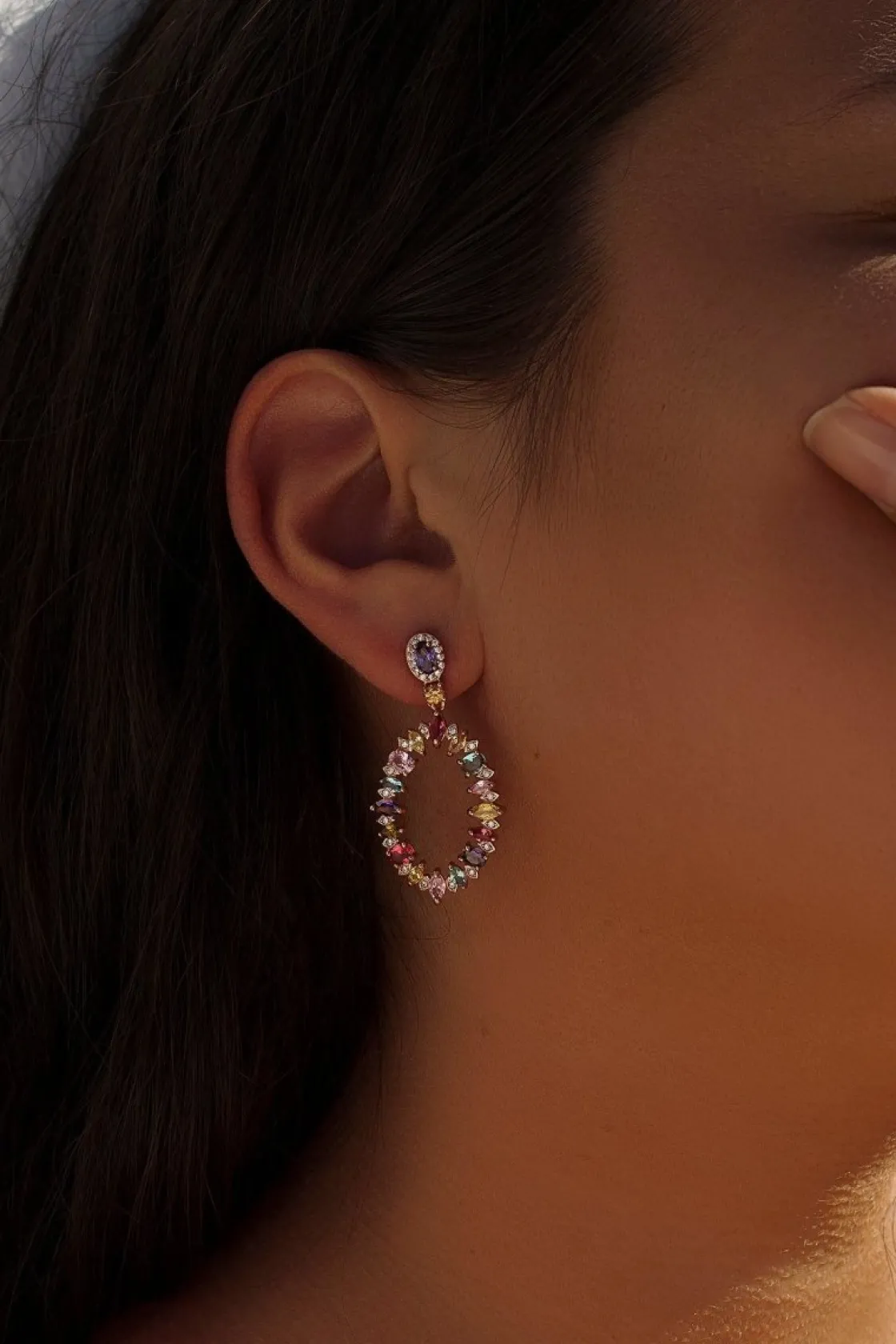 Pendientes Largos | LINEARGENT Pendientes aros con piedras de colores diseño oval