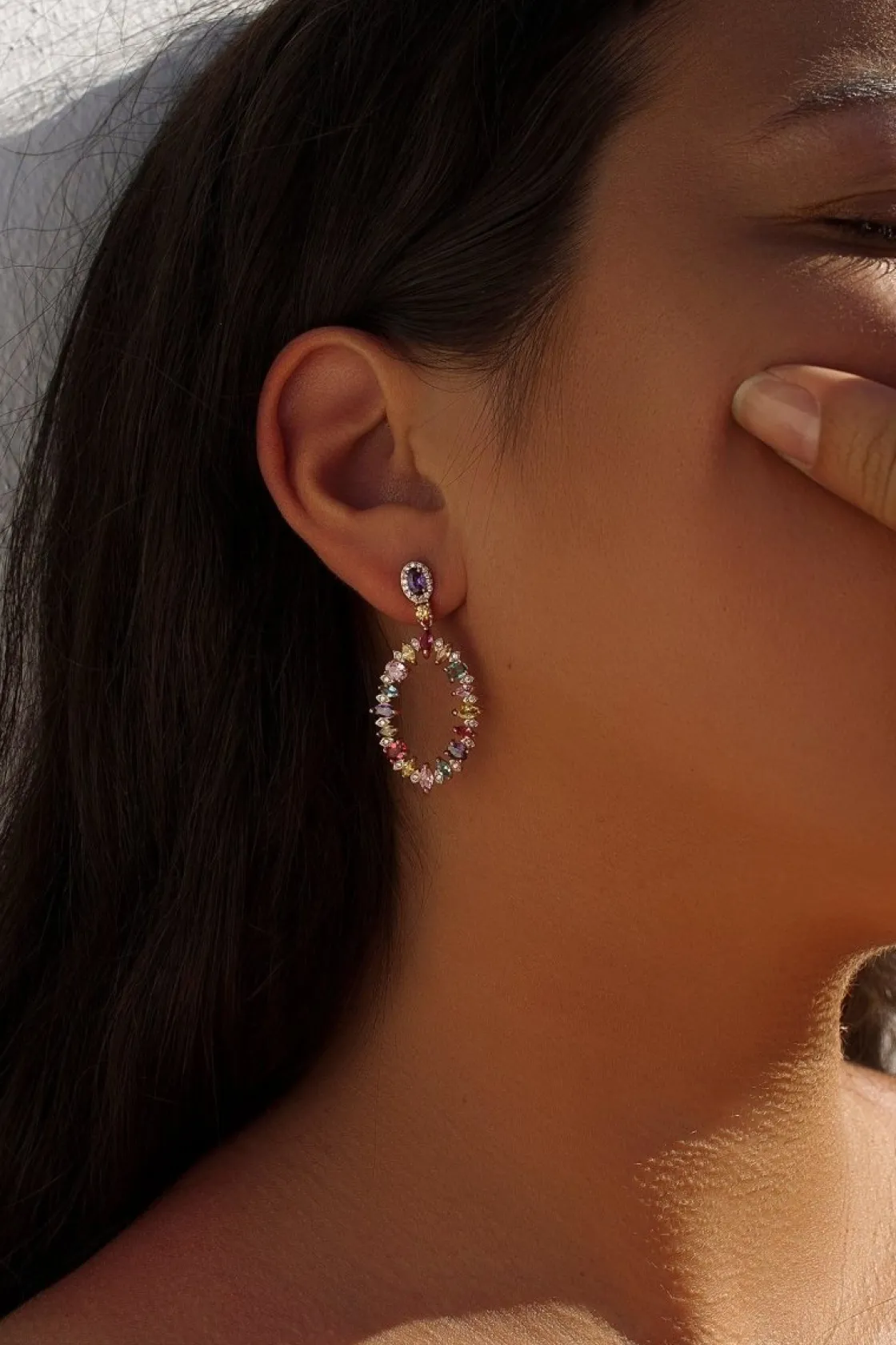Pendientes Largos | LINEARGENT Pendientes aros con piedras de colores diseño oval