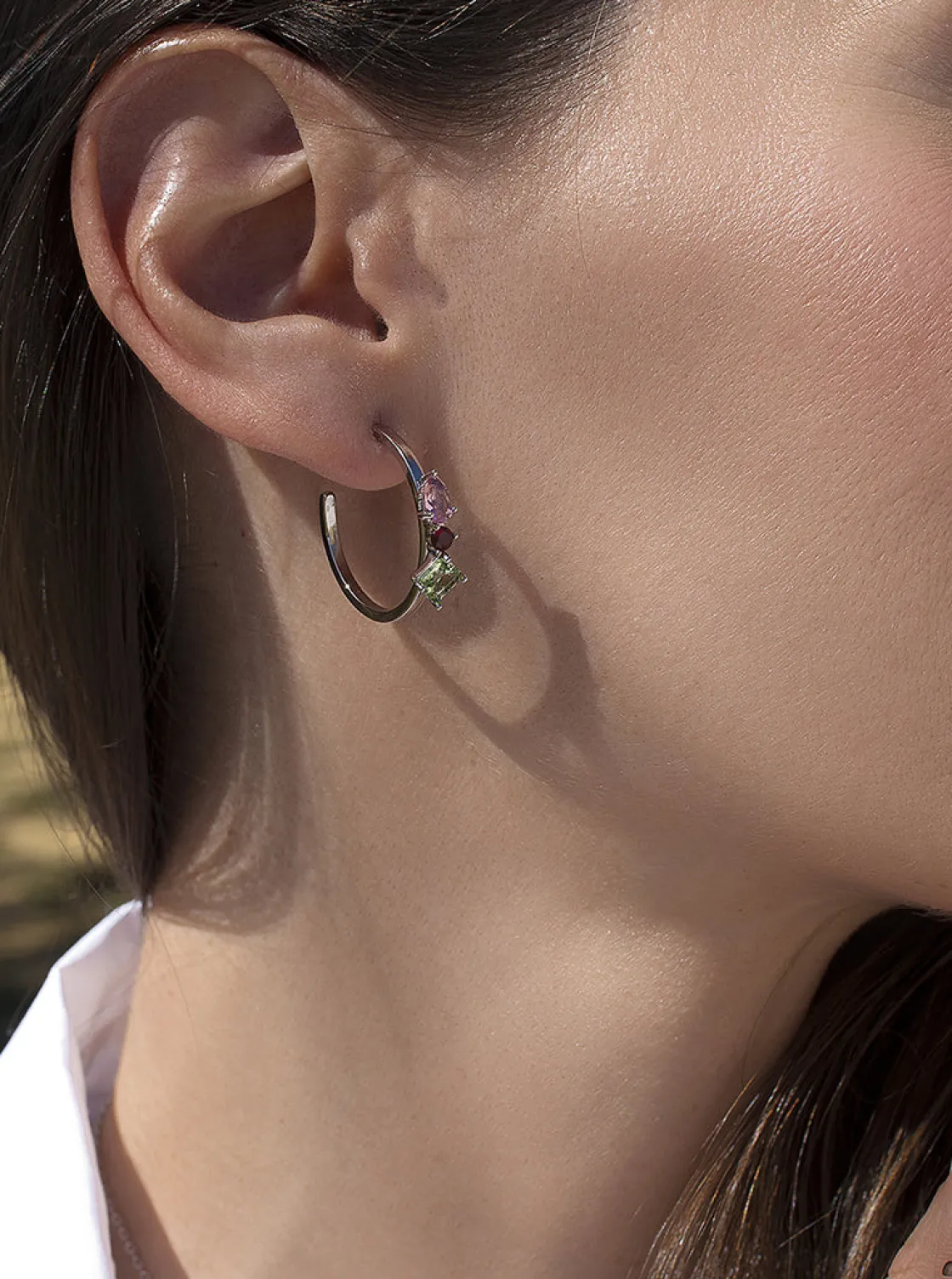 Pendientes De Piedras De Colores | Pendientes Aro | LINEARGENT Pendientes aros con piedras diseño de tres cuarzos adamantinos