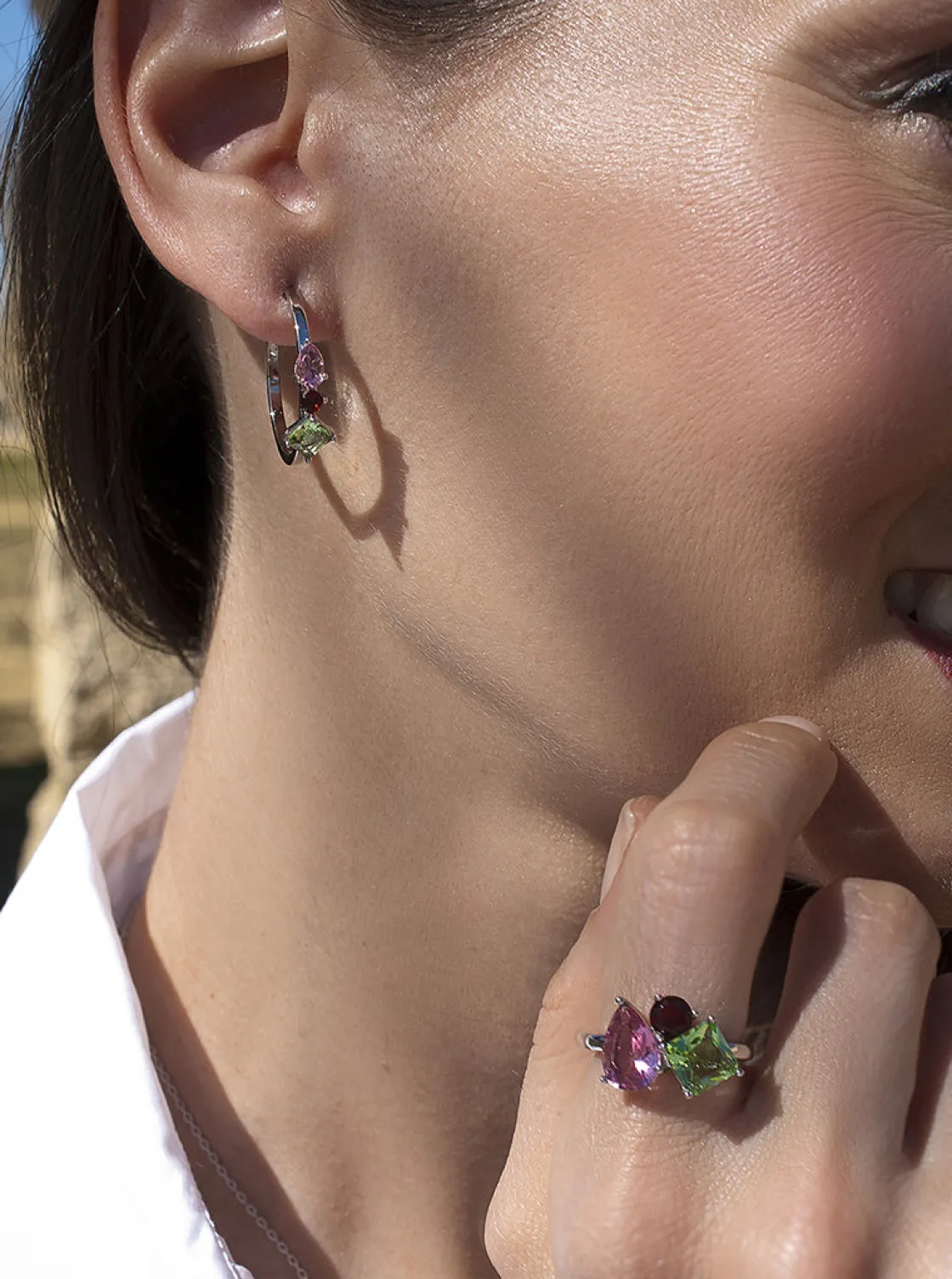 Pendientes De Piedras De Colores | Pendientes Aro | LINEARGENT Pendientes aros con piedras diseño de tres cuarzos adamantinos