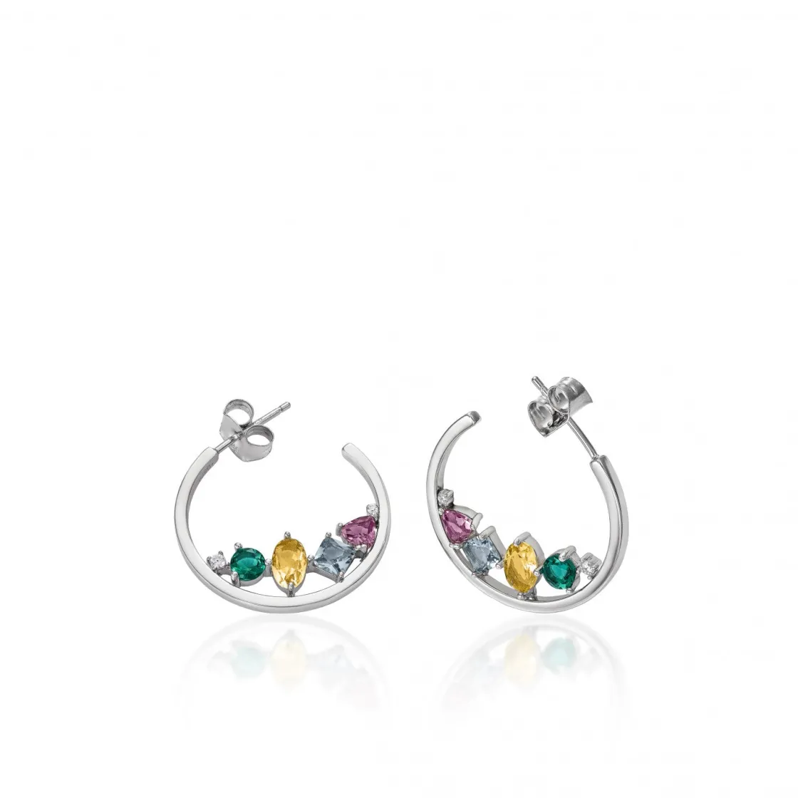 Pendientes De Piedras De Colores | Pendientes Aro | LINEARGENT Pendientes aros con piedras mosaico multicolor y circonitas