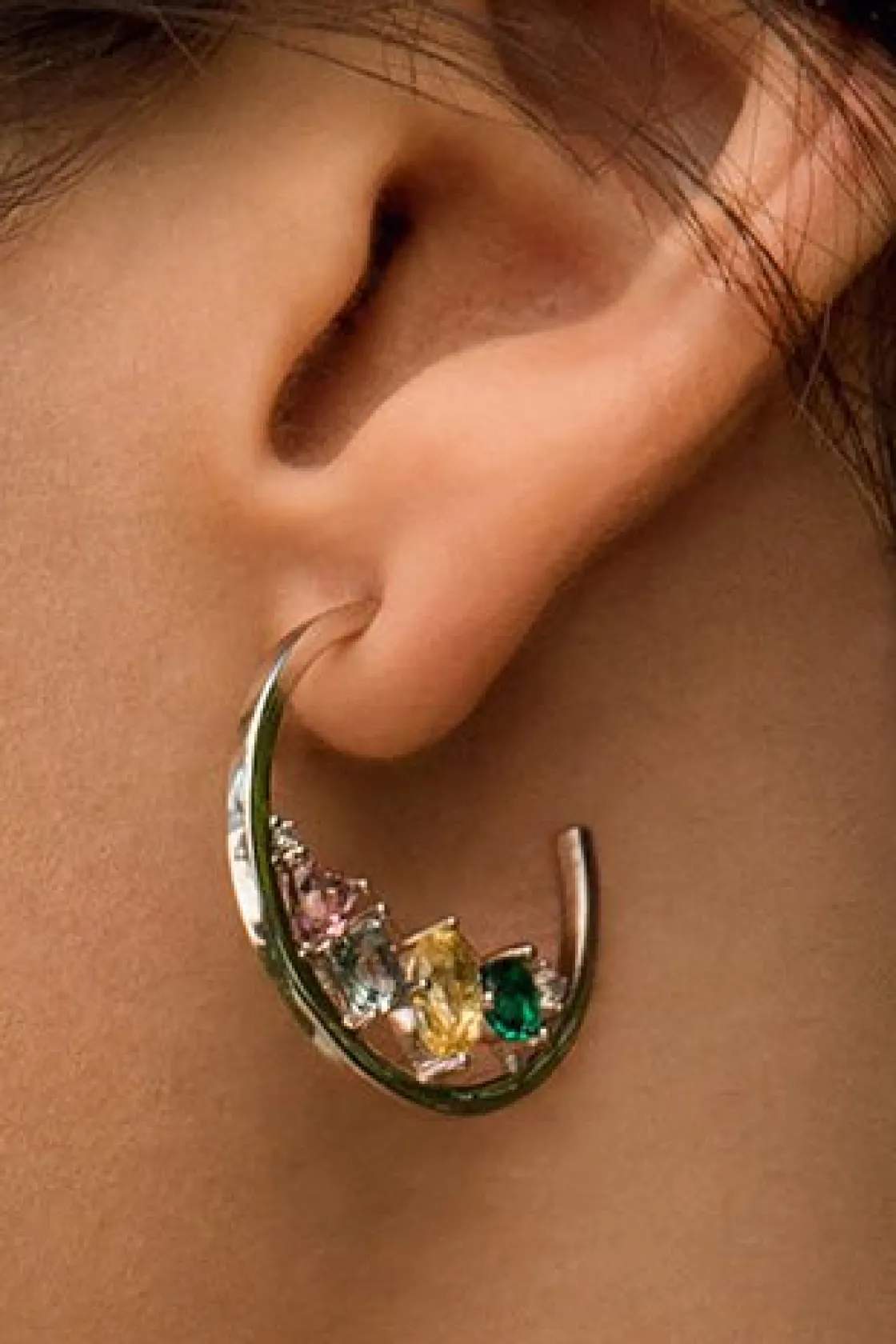Pendientes De Piedras De Colores | Pendientes Aro | LINEARGENT Pendientes aros con piedras mosaico multicolor y circonitas