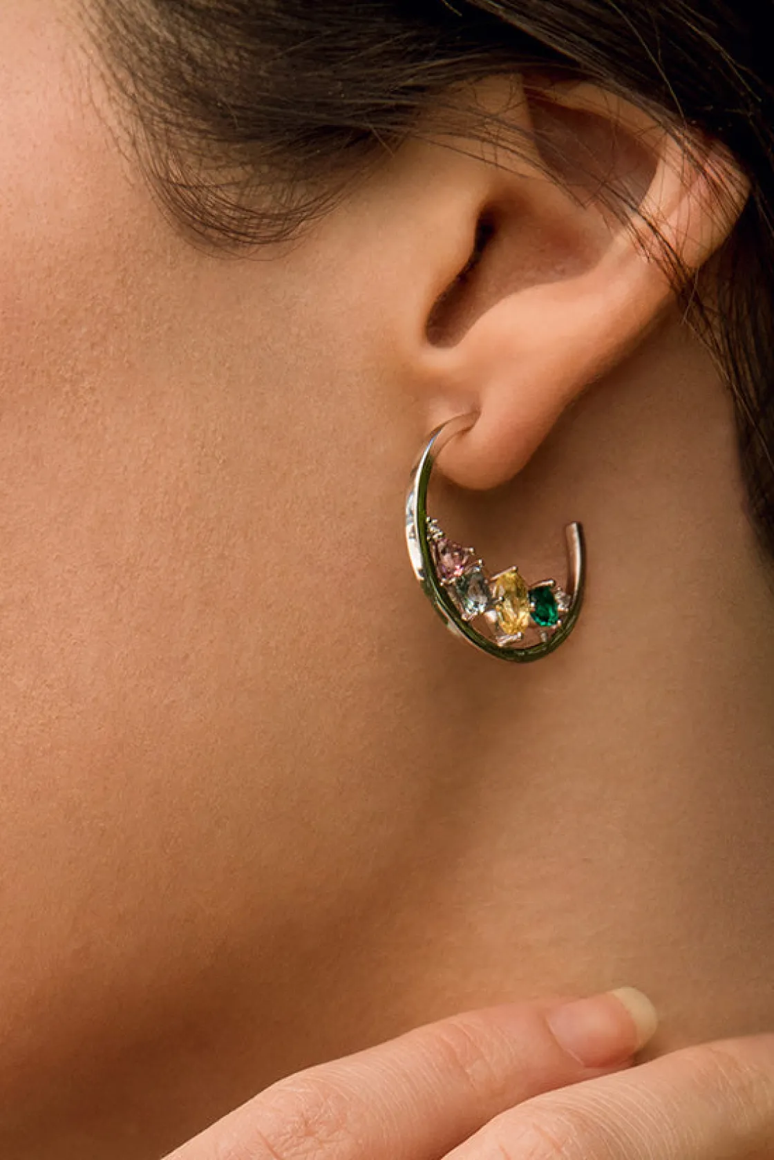 Pendientes De Piedras De Colores | Pendientes Aro | LINEARGENT Pendientes aros con piedras mosaico multicolor y circonitas