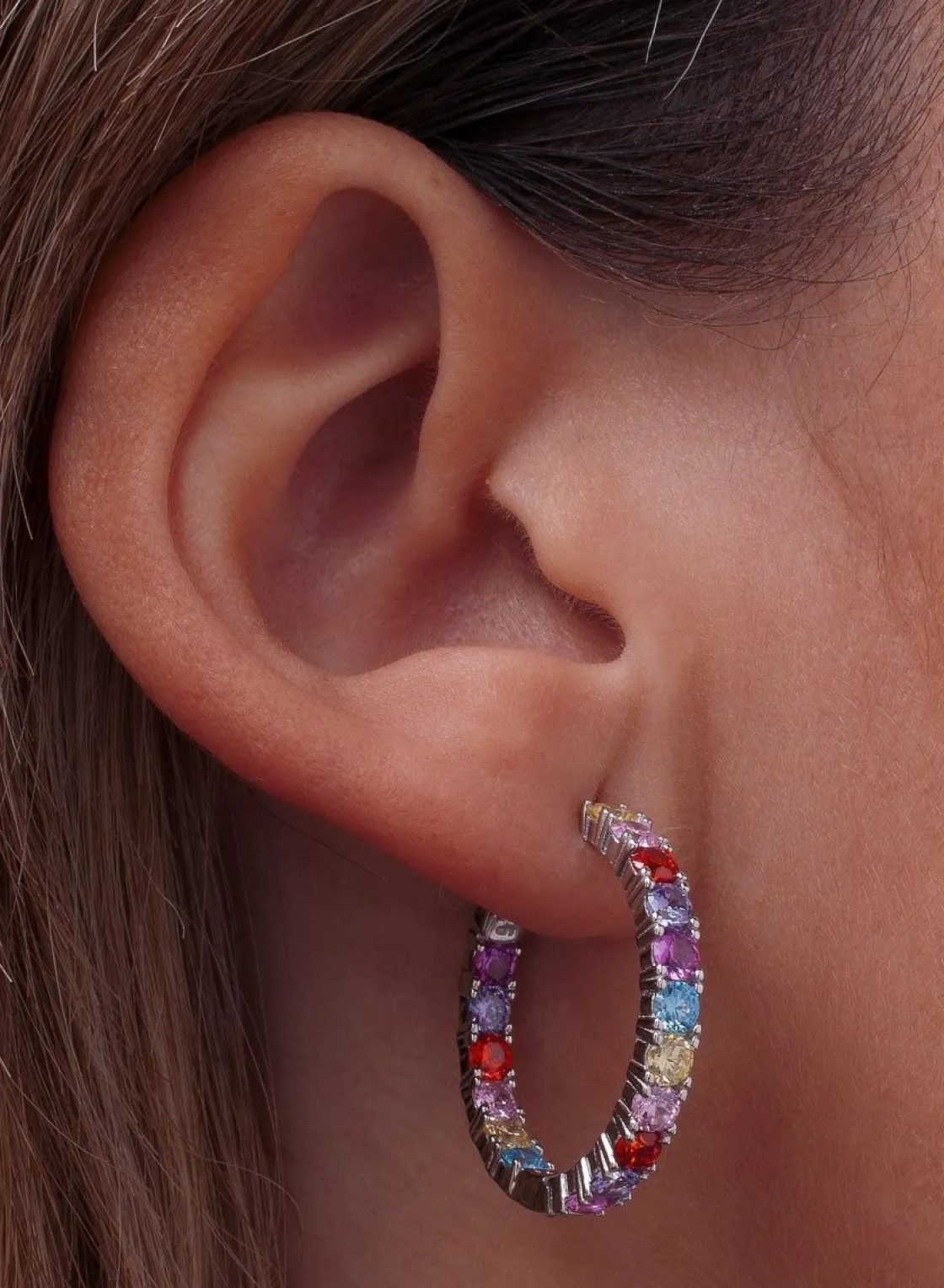 Pendientes De Piedras De Colores | Pendientes Aro | LINEARGENT Pendientes aros con piedras multicromadas en talla redonda