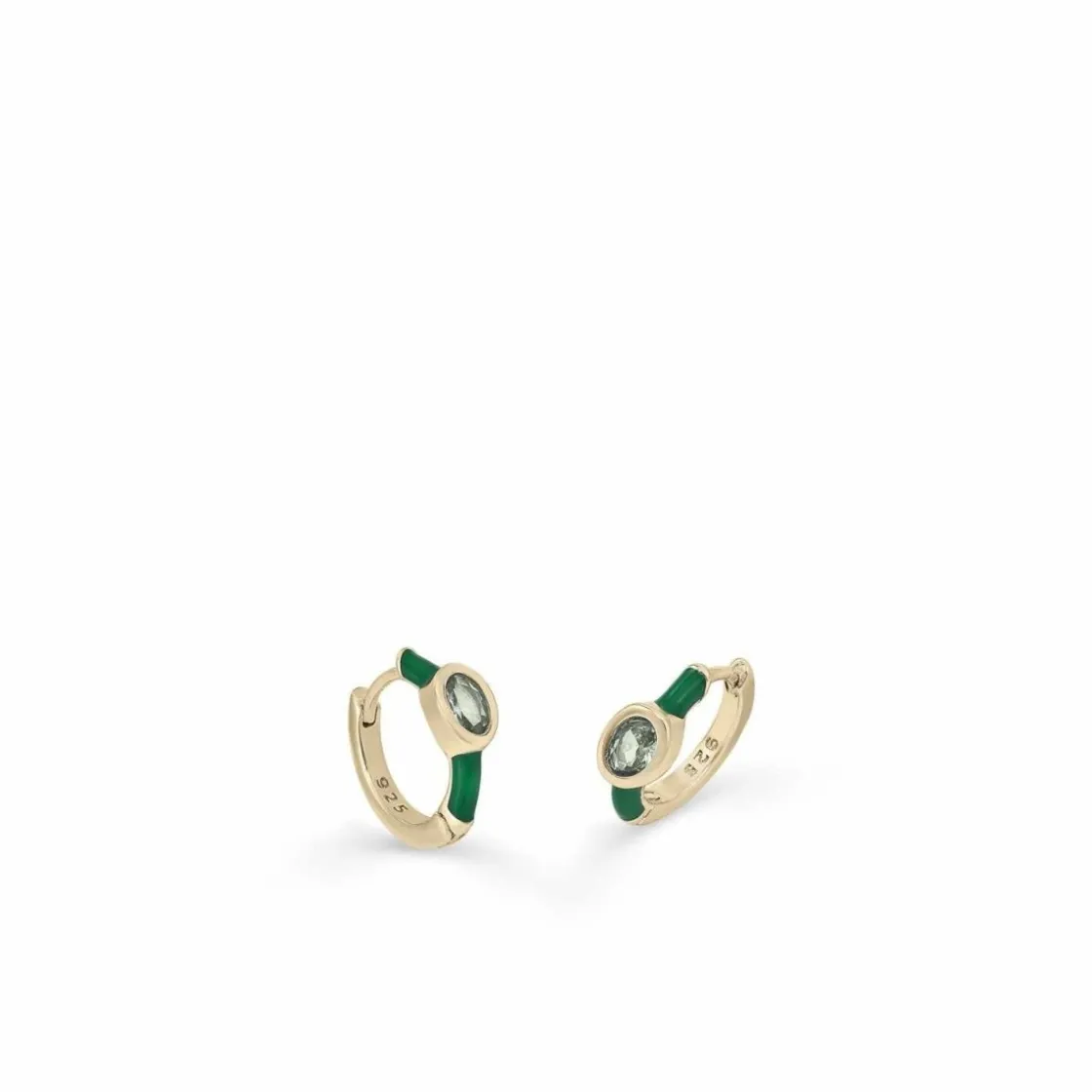 Pendientes Pequeños | Pendientes Aro | LINEARGENT Pendientes aros pequeños diseño cuarzo adamantino central y esmalte verde