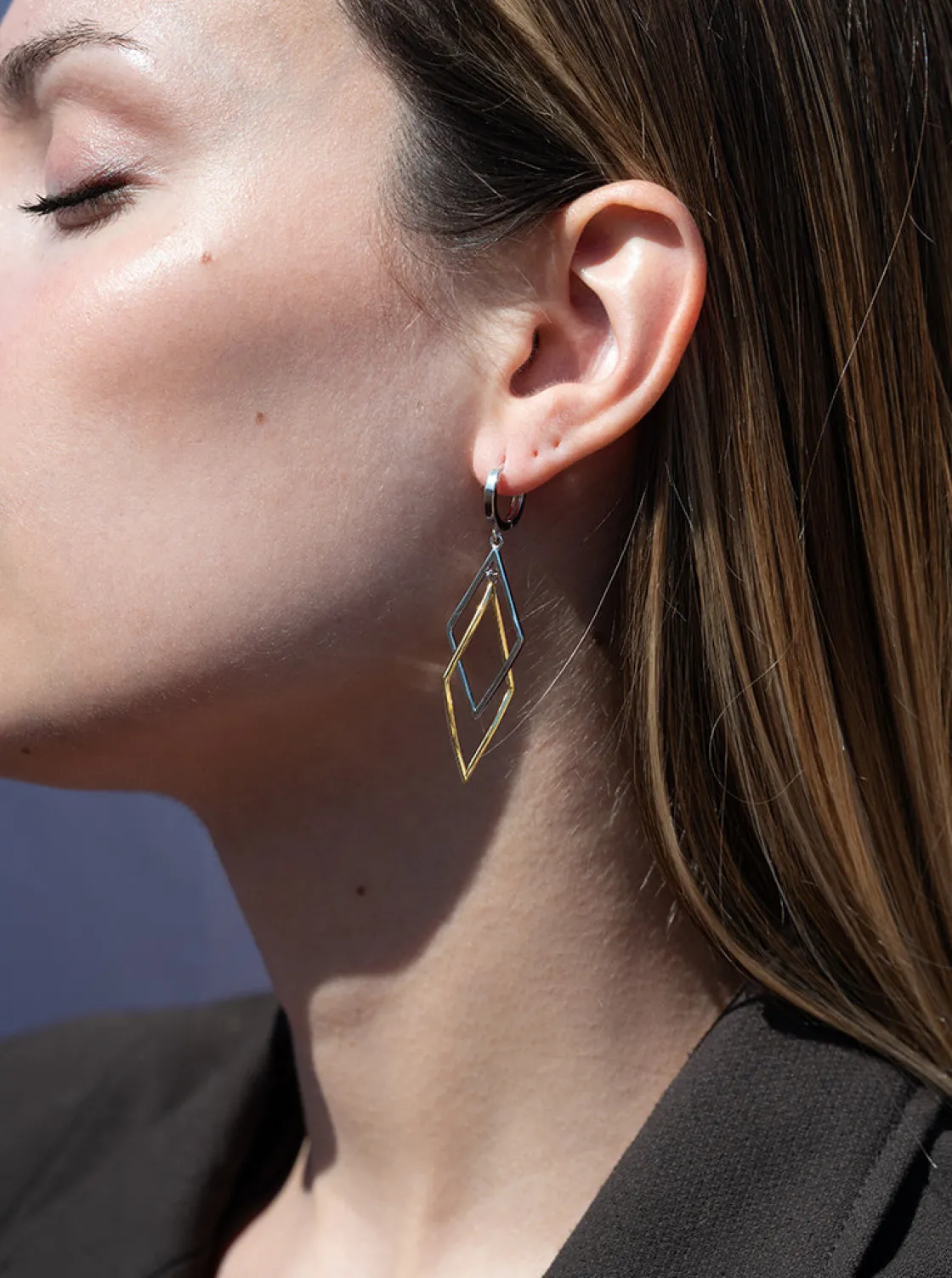 Pendientes Bicolor | LINEARGENT Pendientes bicolor de plata largos con diseño de rombos