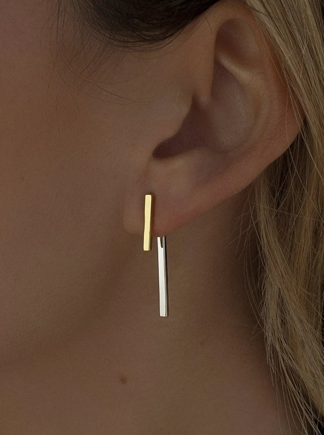 Pendientes Bicolor | LINEARGENT Pendientes bicolor diseño doble pieza en plata lisa y dorada