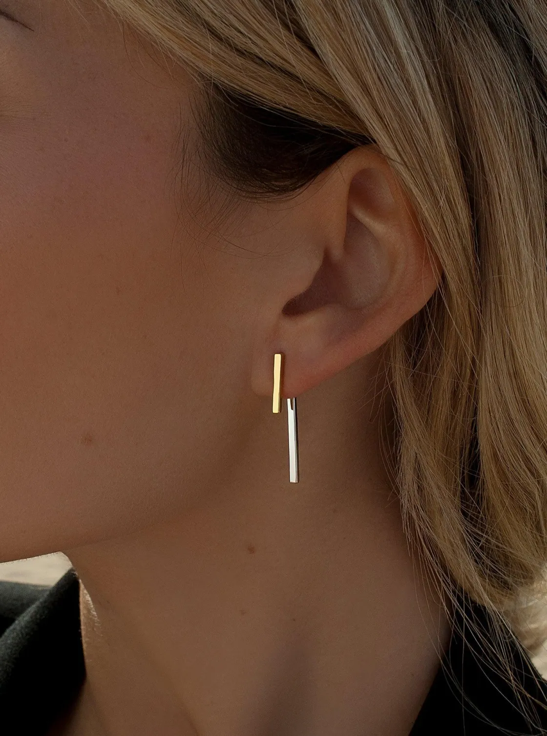 Pendientes Bicolor | LINEARGENT Pendientes bicolor diseño doble pieza en plata lisa y dorada