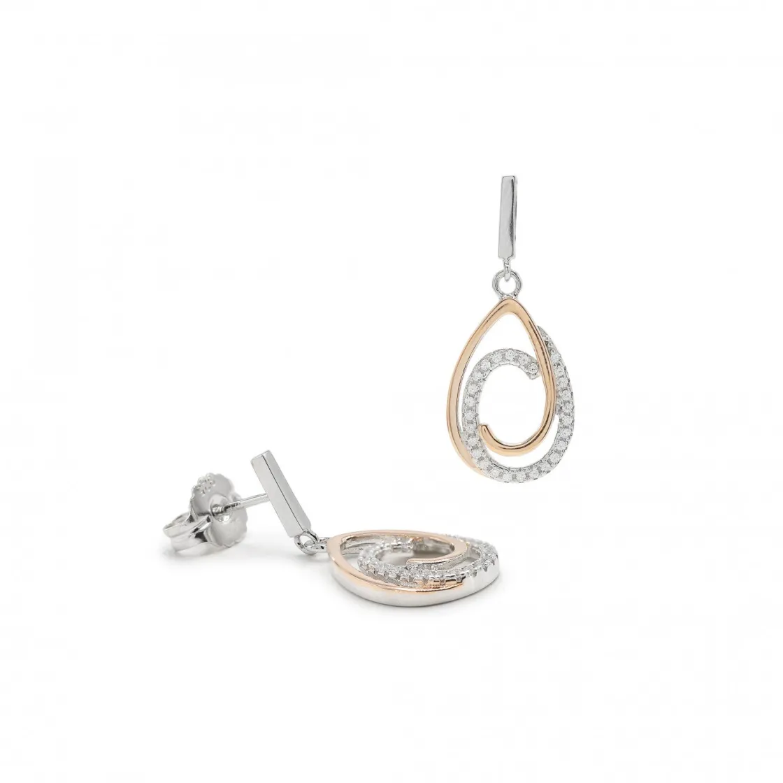 Pendientes Bicolor | LINEARGENT Pendientes bicolor plata y circonitas colgantes con dos aros unidos