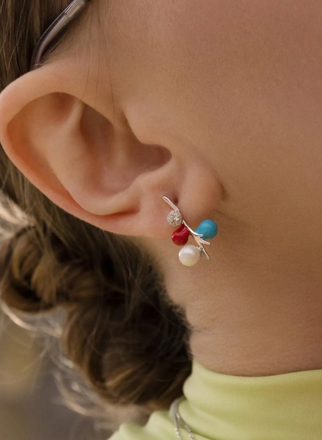 Pendientes Originales | Pendientes Pequeños | LINEARGENT Pendientes botón desiguales con esmalte circonita y perla