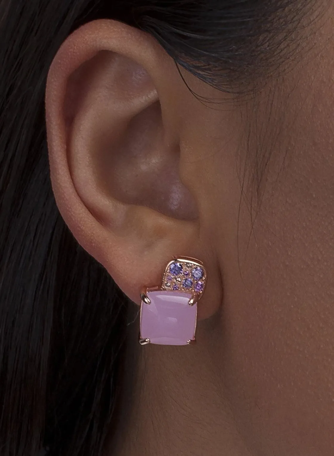 Pendientes De Piedras De Colores | LINEARGENT Pendientes botón diseño cuarzo adamantino rosa cuadrado