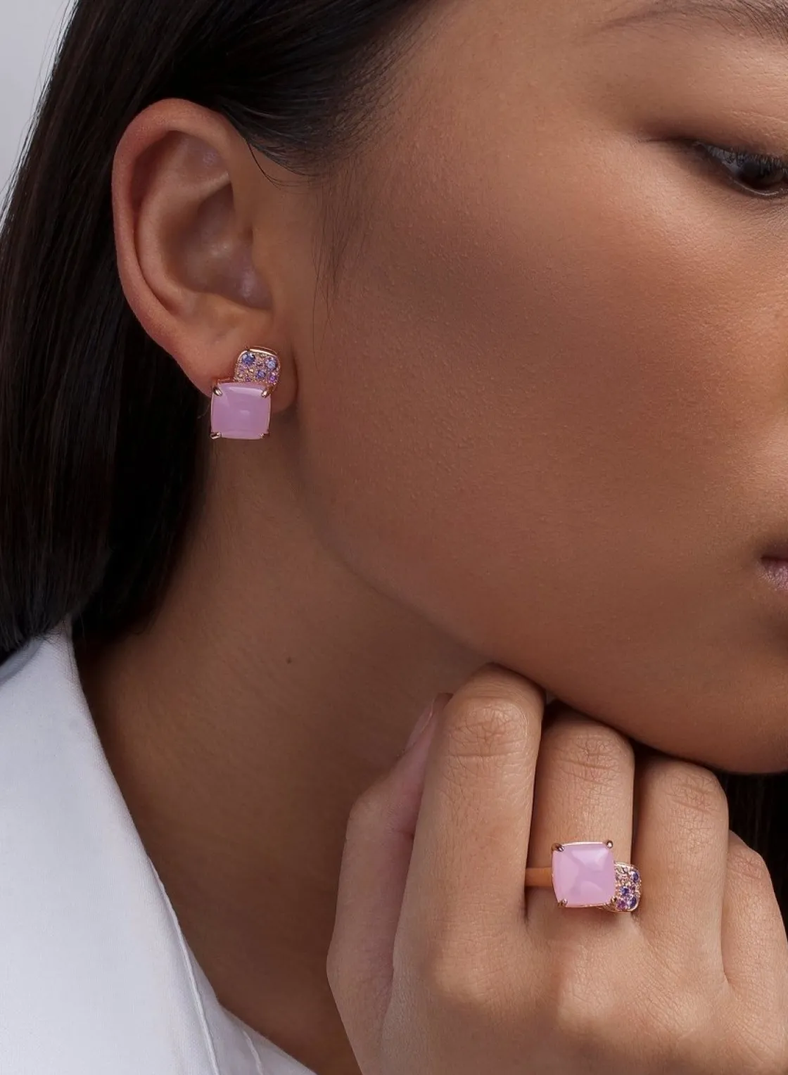 Pendientes De Piedras De Colores | LINEARGENT Pendientes botón diseño cuarzo adamantino rosa cuadrado