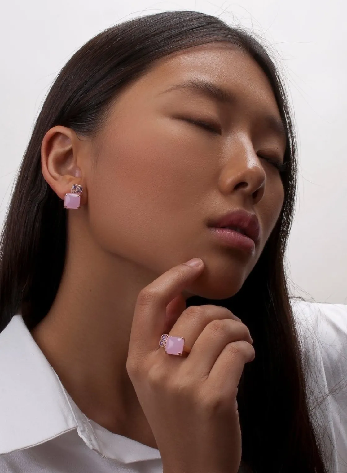 Pendientes De Piedras De Colores | LINEARGENT Pendientes botón diseño cuarzo adamantino rosa cuadrado
