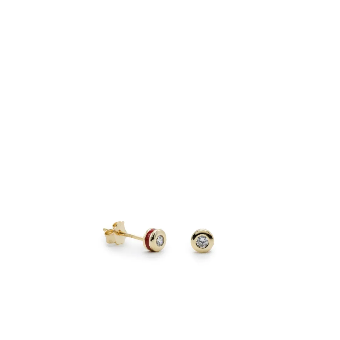 Segundo Pendiente | Pendientes Pequeños | LINEARGENT Pendientes botón diseño esmalte rojo combinado con plata y circonita