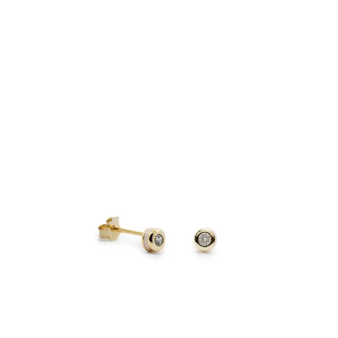 Segundo Pendiente | Pendientes Pequeños | LINEARGENT Pendientes botón diseño esmalte rosa palo combinado con plata y circonita