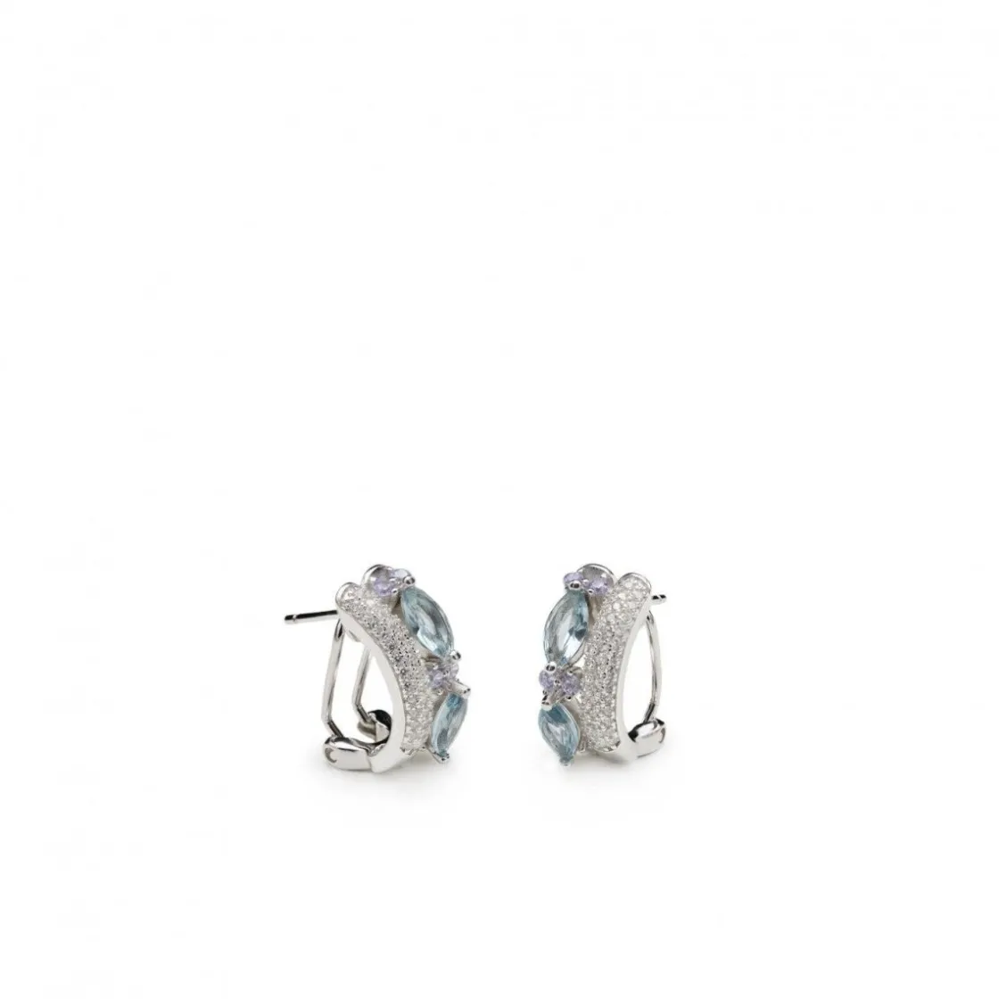 Pendientes Cierre Omega | LINEARGENT Pendientes cierre omega de plata pequeños diseño lateral circonitas talla marquesa azul