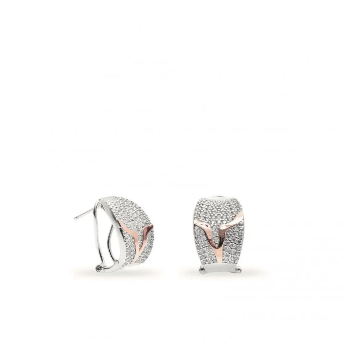 Pendientes Bicolor | Pendientes Cierre Omega | LINEARGENT Pendientes cierre omega diseño de circonitas y detalle en oro rosa