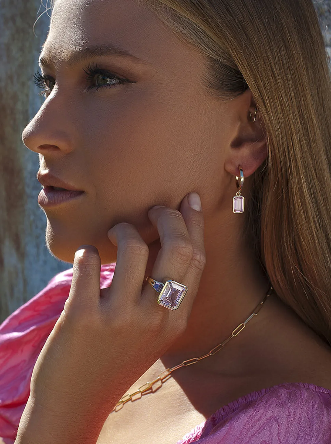 Pendientes De Piedras De Colores | LINEARGENT Pendientes con colgantes diseño aro con gema tono rosa