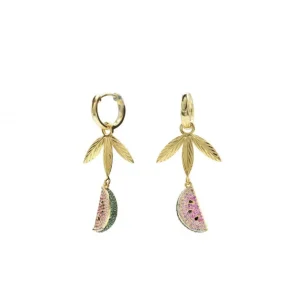 Pendientes Largos | Pendientes Aro | LINEARGENT Pendientes con colgantes diseño charm de sandía y hojas