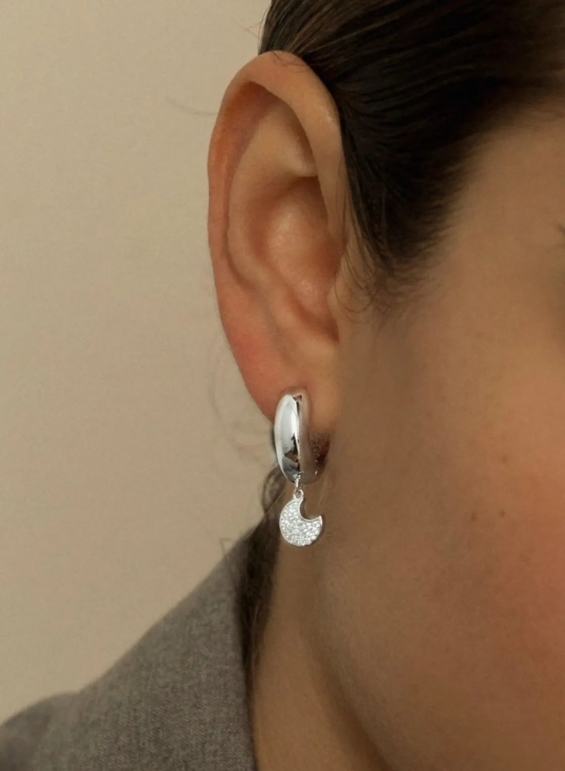 Pendientes Con Colgantes | LINEARGENT Pendientes con colgantes plata estilo aro móviles con motivo de luna y circonita