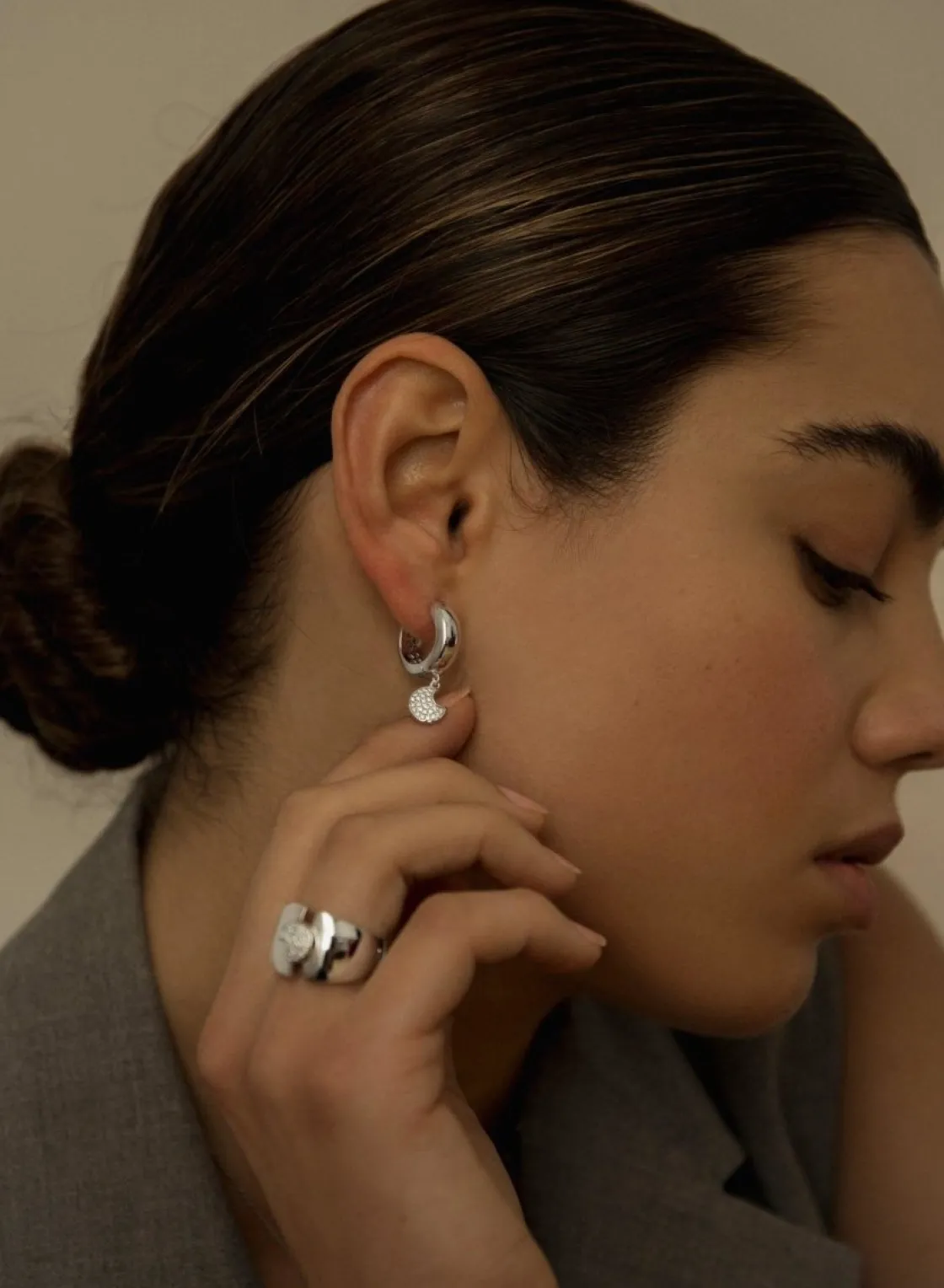 Pendientes Con Colgantes | LINEARGENT Pendientes con colgantes plata estilo aro móviles con motivo de luna y circonita