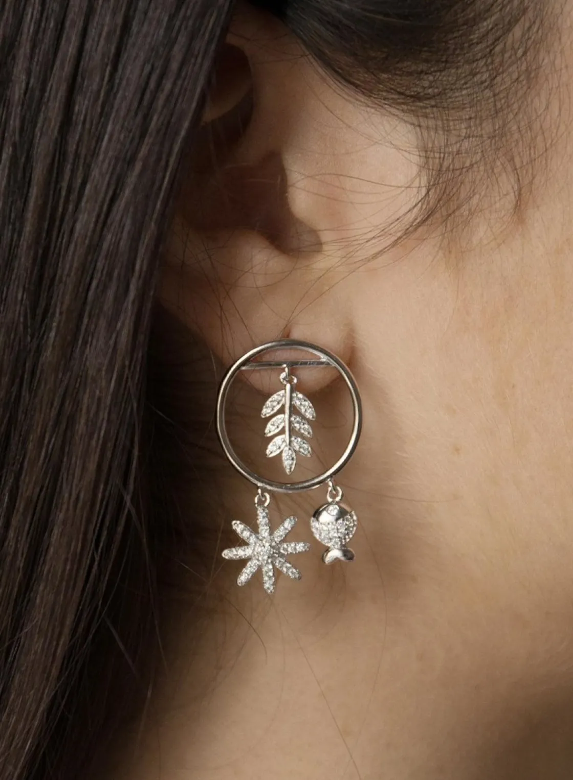 Pendientes Con Colgantes | Pendientes Aro | LINEARGENT Pendientes con colgantes plata triple motivo diseño naturaleza