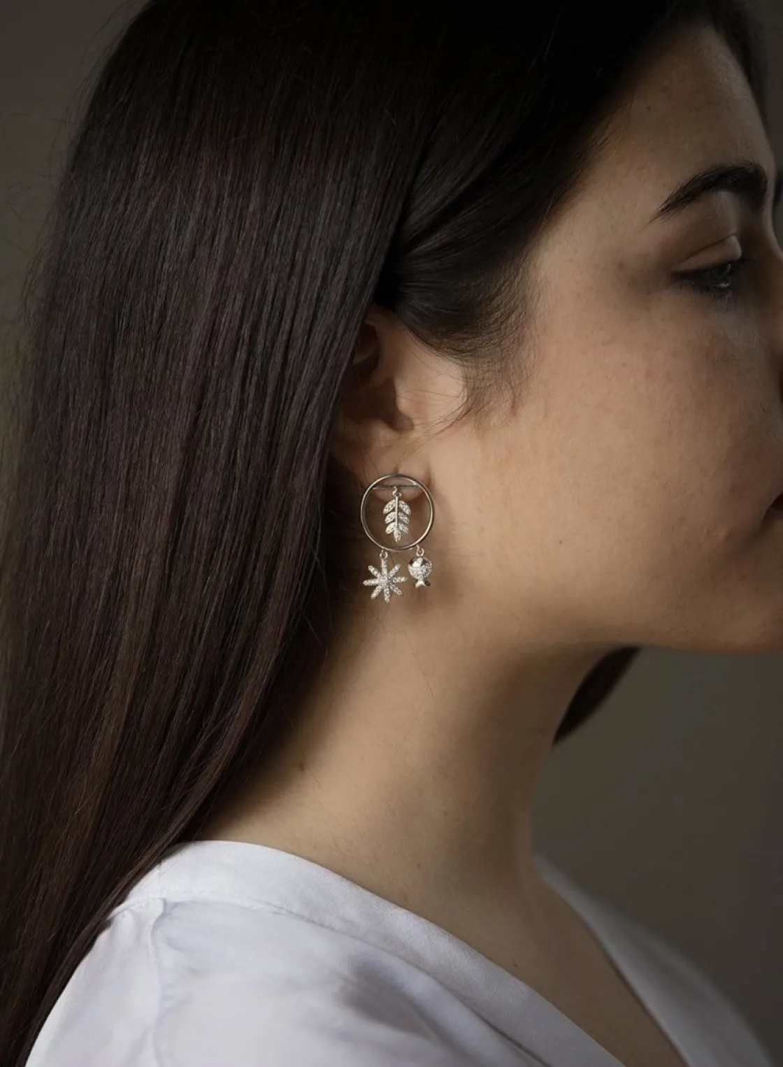 Pendientes Con Colgantes | Pendientes Aro | LINEARGENT Pendientes con colgantes plata triple motivo diseño naturaleza