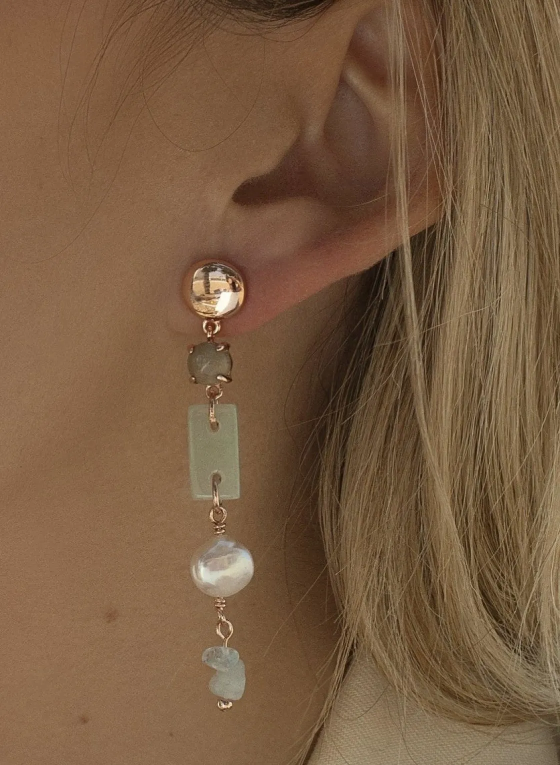 Pendientes Largos | Pendientes De Piedra Natural | LINEARGENT Pendientes de piedra natural diseño combinado con perla