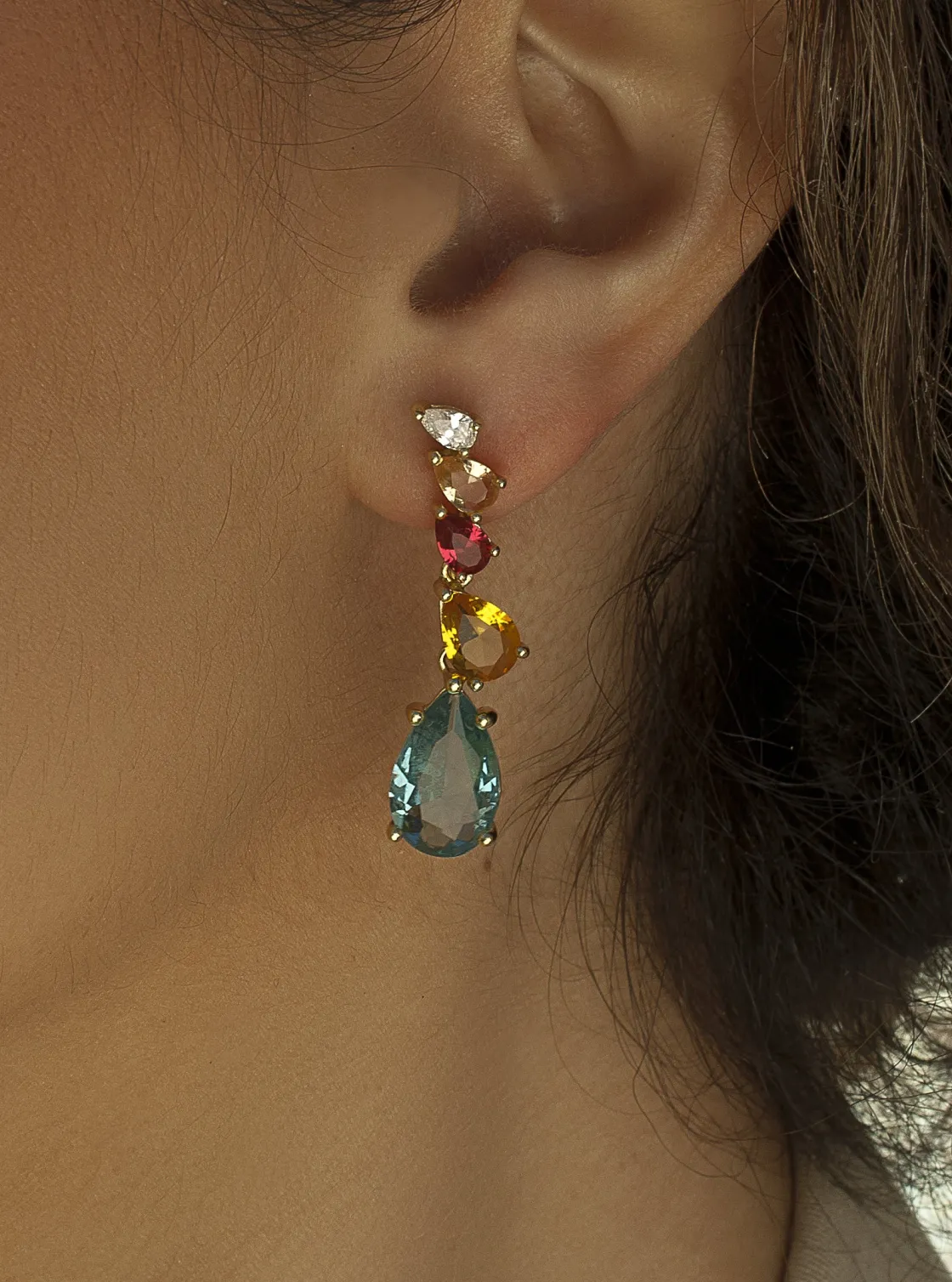 Pendientes Largos | Pendientes De Piedras De Colores | LINEARGENT Pendientes de piedras de colores diseño de cinco gemas