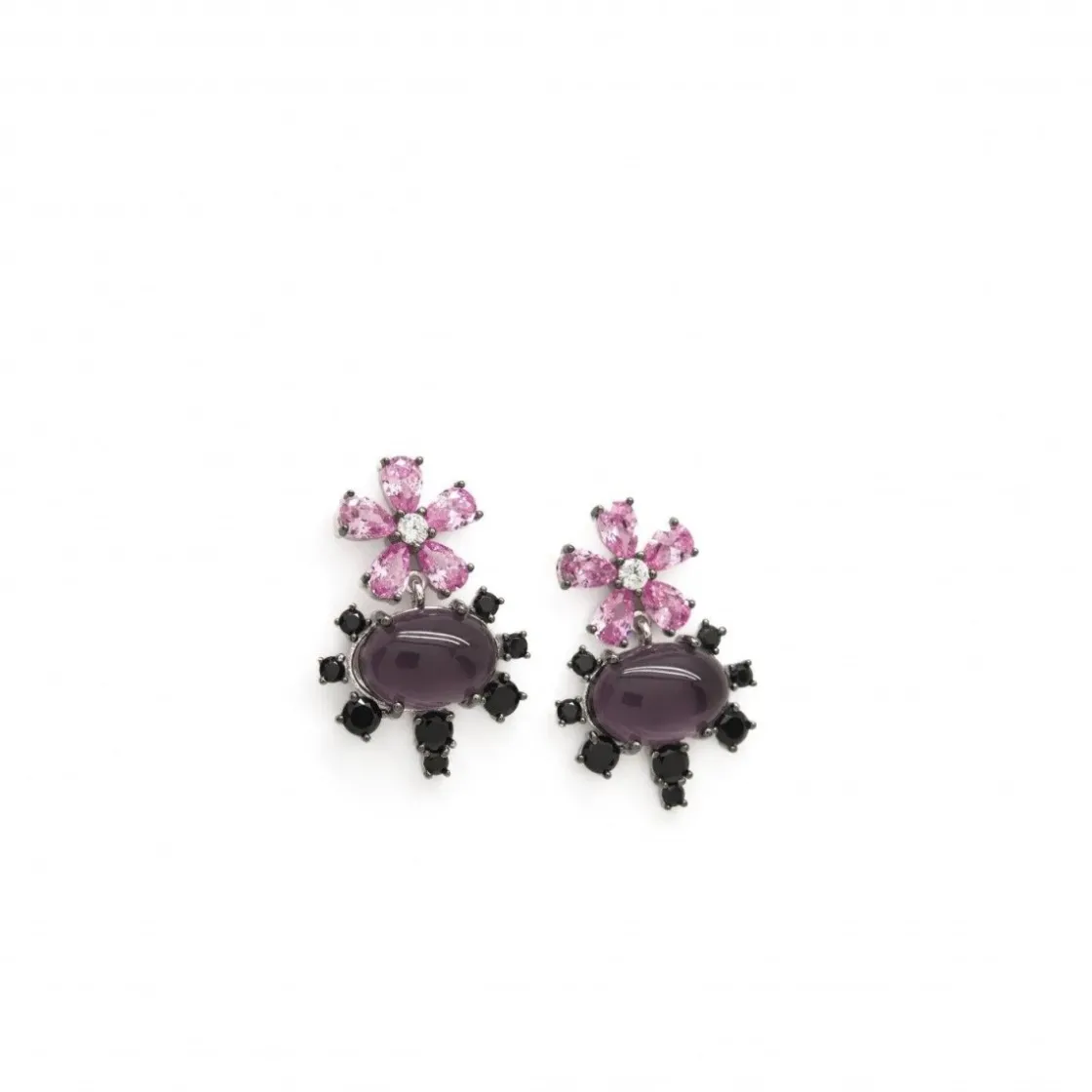 Pendientes De Piedras De Colores | LINEARGENT Pendientes de piedras de colores plata morados diseño floral con circonitas rosas y negras
