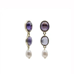 Pendientes Largos | Pendientes De Piedras De Colores | LINEARGENT Pendientes de piedras de colores tono amatista y perla