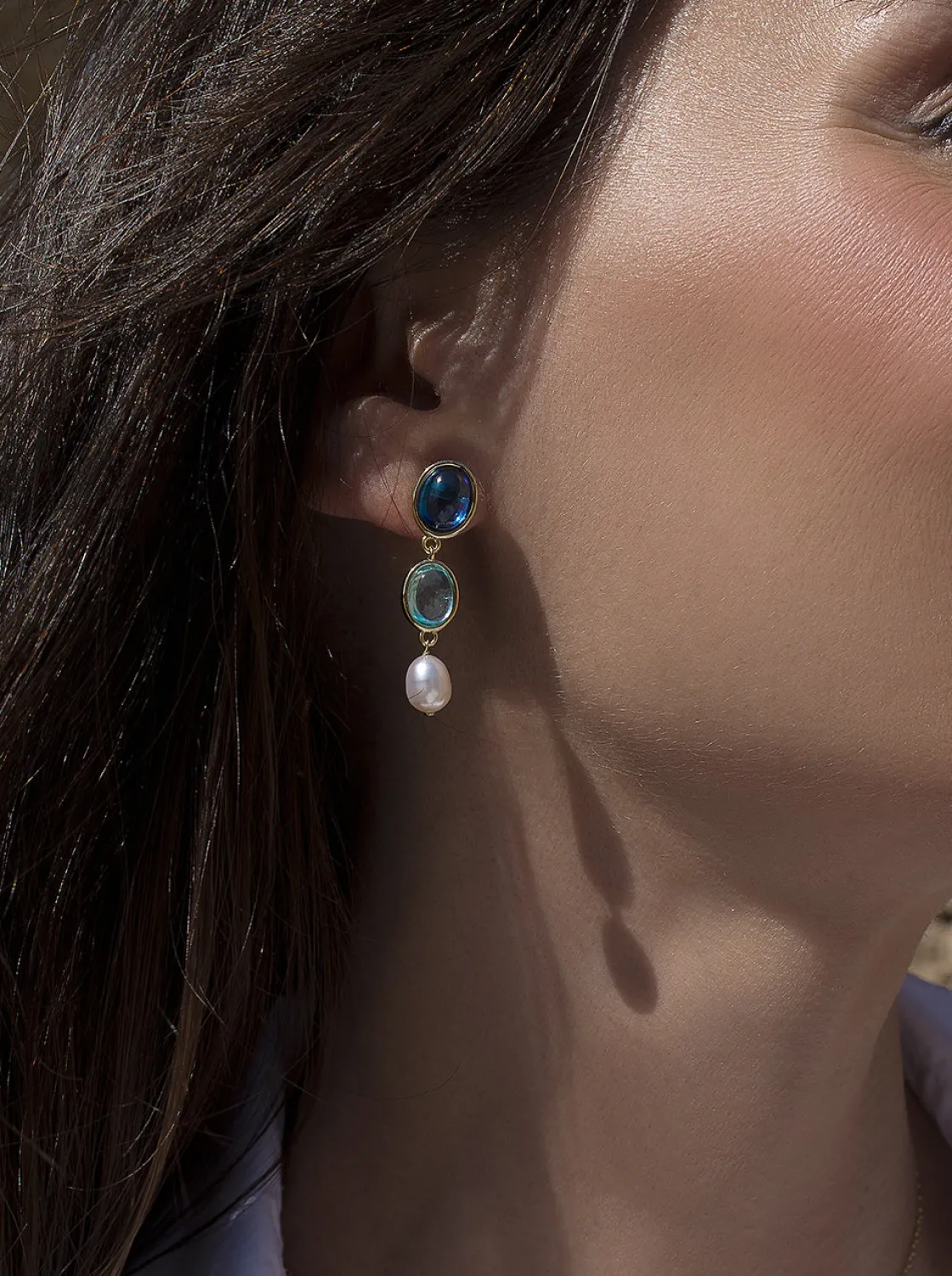 Pendientes Largos | Pendientes De Piedras De Colores | LINEARGENT Pendientes de piedras de colores tono zafiro y perla