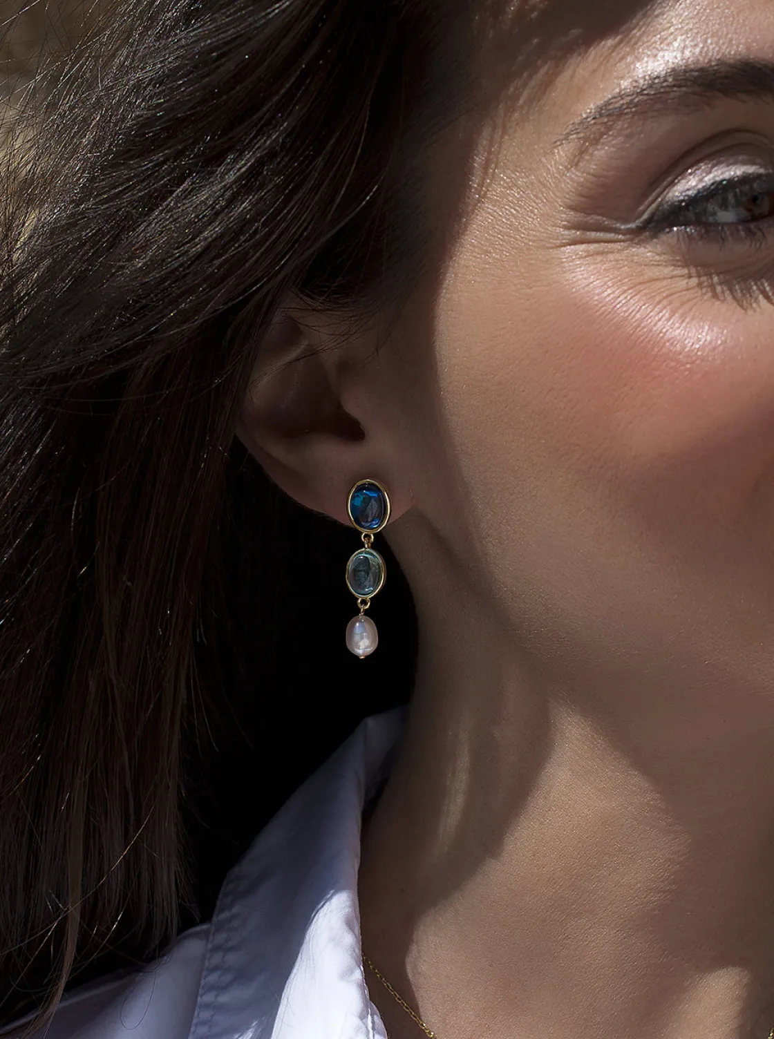 Pendientes Largos | Pendientes De Piedras De Colores | LINEARGENT Pendientes de piedras de colores tono zafiro y perla