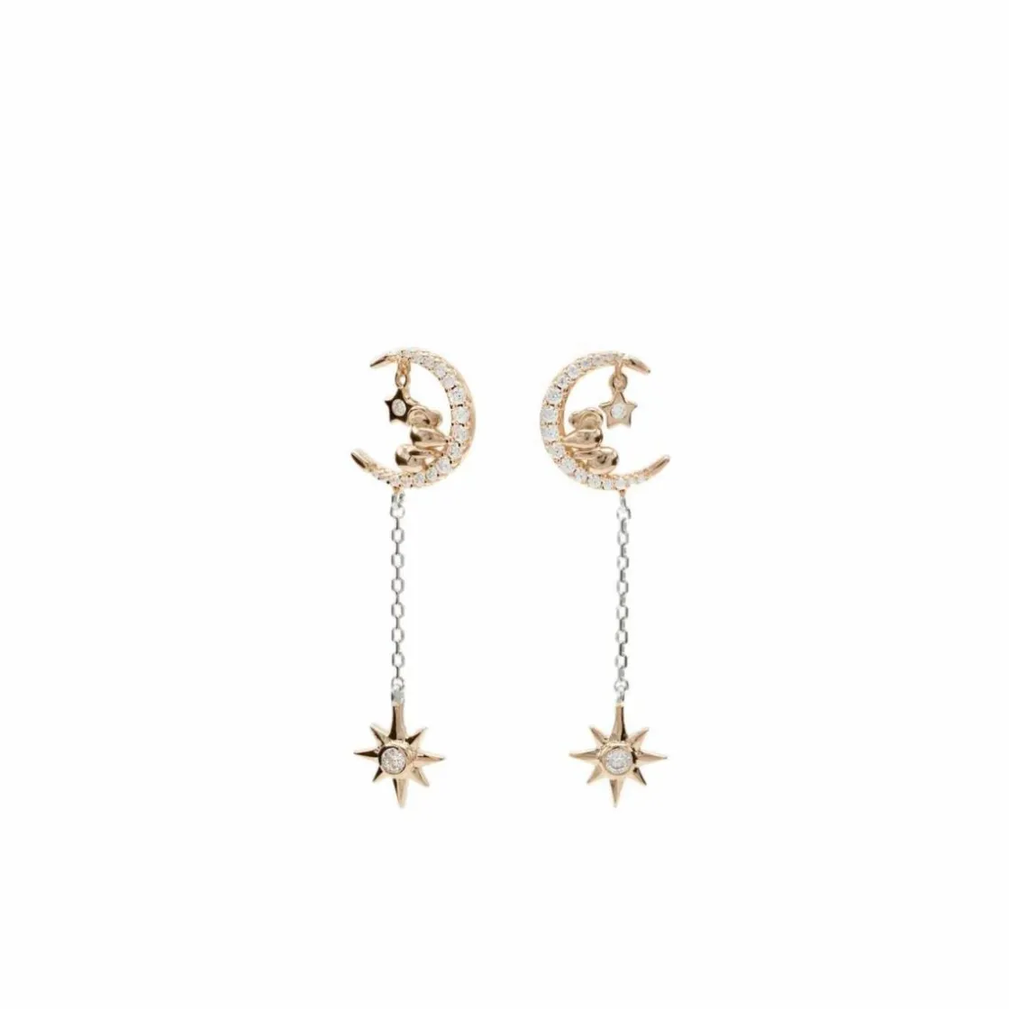 Pendientes Bicolor | Pendientes Largos | LINEARGENT Pendientes largos brillantes compuestos por motivos de luna y estrella