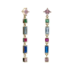 Pendientes Largos | Pendientes De Piedras De Colores | LINEARGENT Pendientes largos con gemas multicolor diferentes tallas