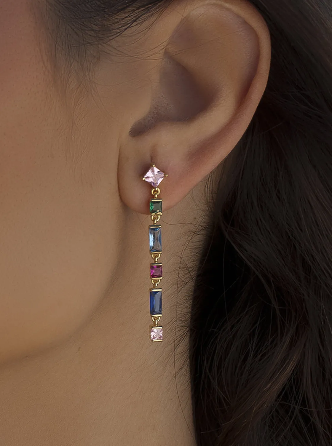 Pendientes Largos | Pendientes De Piedras De Colores | LINEARGENT Pendientes largos con gemas multicolor diferentes tallas