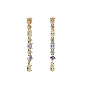 Pendientes Largos | Pendientes De Piedras De Colores | LINEARGENT Pendientes largos con piedras de colores tonos morados y amarillo