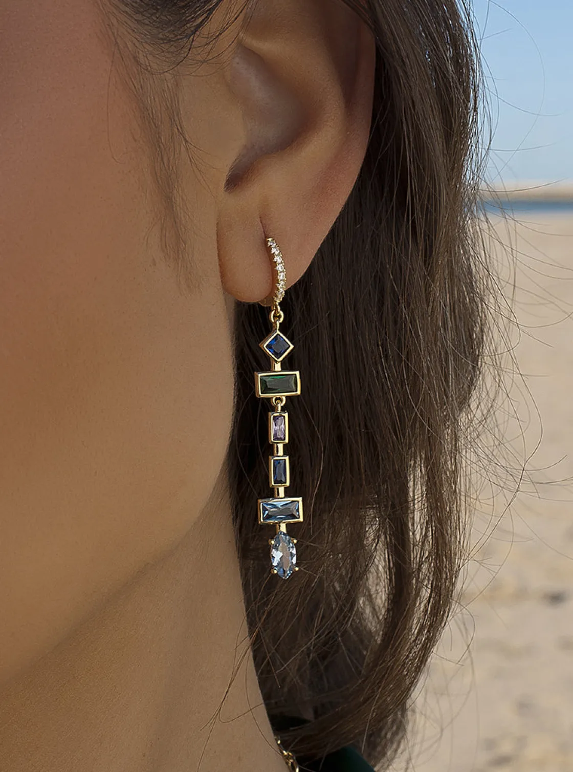 Pendientes Largos | Pendientes De Piedra Natural | LINEARGENT Pendientes largos con piedras de distintas formas en tonos frios