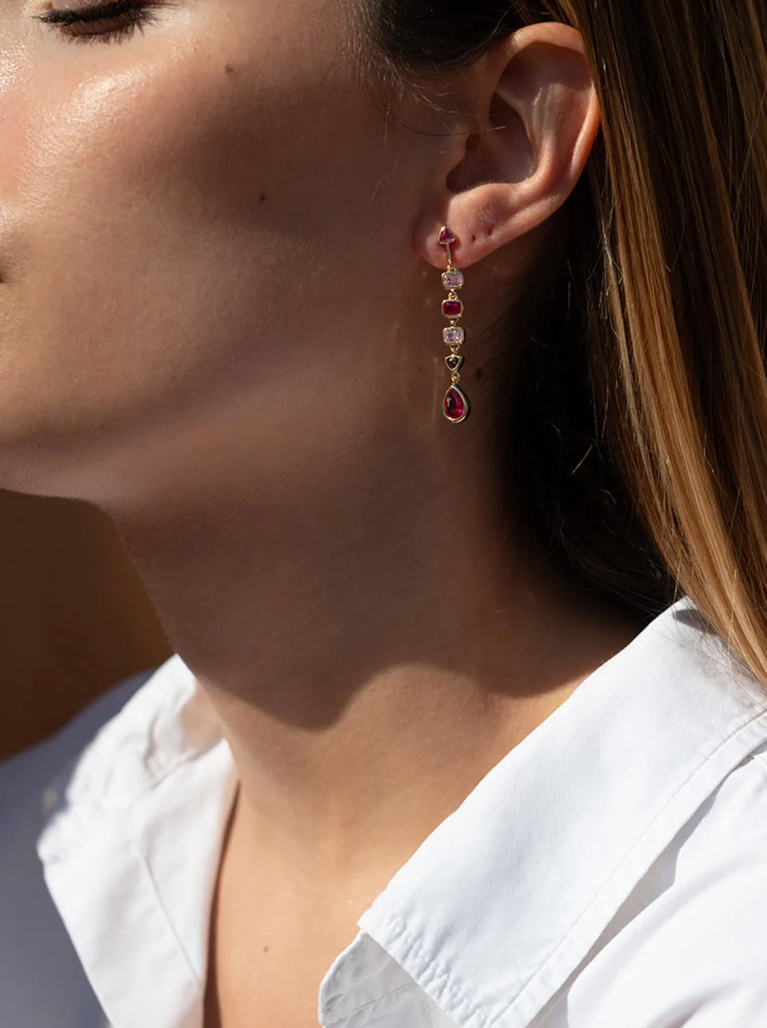 Pendientes Largos | Pendientes De Piedras De Colores | LINEARGENT Pendientes largos con piedras diferentes formas en tonos rosa