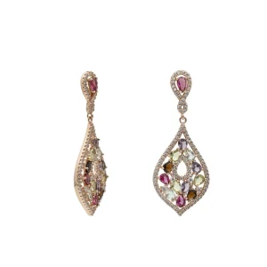 Pendientes Largos | Pendientes De Piedras De Colores | LINEARGENT Pendientes largos con piedras multicolor de plata bañada en oro rosa