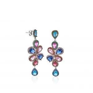 Pendientes De Piedras De Colores | LINEARGENT Pendientes largos de piedras de colores diseño floral