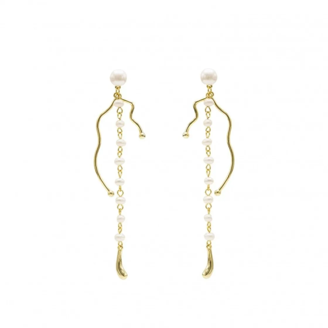 Pendientes Largos | LINEARGENT Pendientes largos de plata bañados en oro con raíl de perlas y finas lineas irregulares