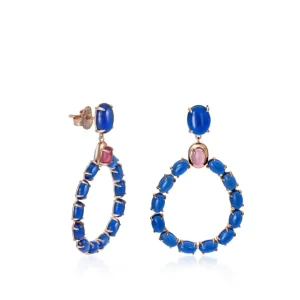 Pendientes Largos | LINEARGENT Pendientes largos de plata con cuerpo de circonitas azurita y fucsia