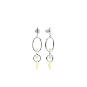 Pendientes Bicolor | Pendientes Largos | LINEARGENT Pendientes largos diseño bicolor círculos ovalados y detalle de perla
